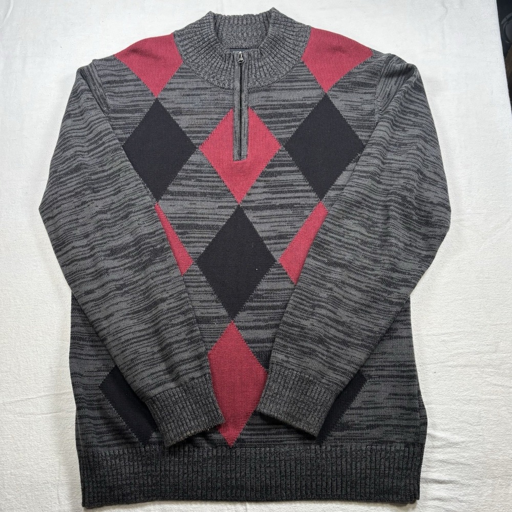 Carbon 1/4 Zip Pullover Diamond Argyle Sweater Men's XXL 2XL‎ Gray Red Preowned